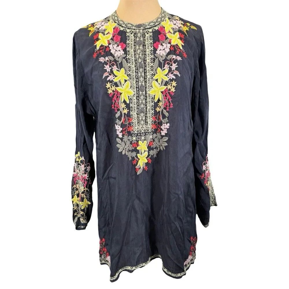 Johnny Was Sz L Women Tunic Top Lilianna Loose Fit Blue Embroidered Floral Boho